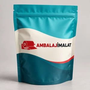 Ambalaj İmalat logolu turkuaz ve krem baskılı doypack torba tasarım örneği