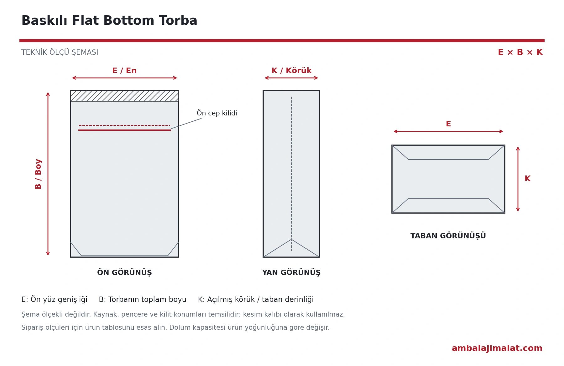 Baskılı Flat Bottom Torba en, boy ve körük ölçülerini gösteren teknik çizim