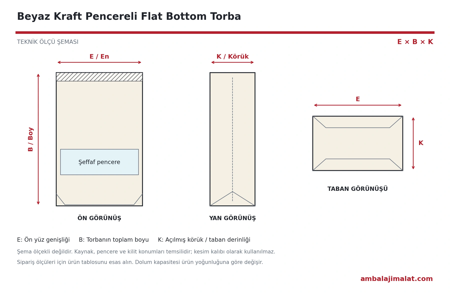 Beyaz Kraft Pencereli Flat Bottom Torba en, boy ve körük ölçülerini gösteren teknik çizim
