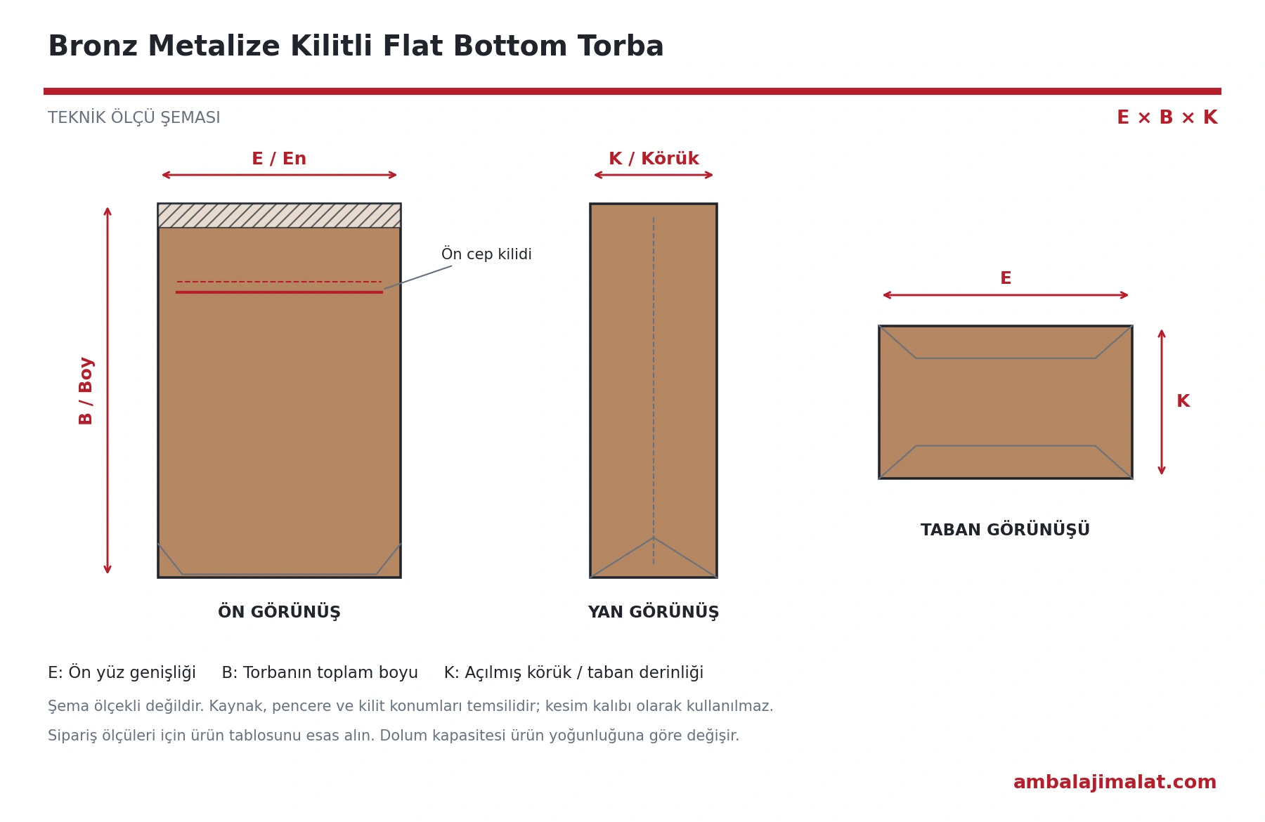 Bronz Metalize Kilitli Flat Bottom Torba en, boy ve körük ölçülerini gösteren teknik çizim