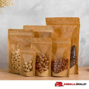 Farklı boylarda geniş pencereli kraft doypack torbalarda taneli ürünler