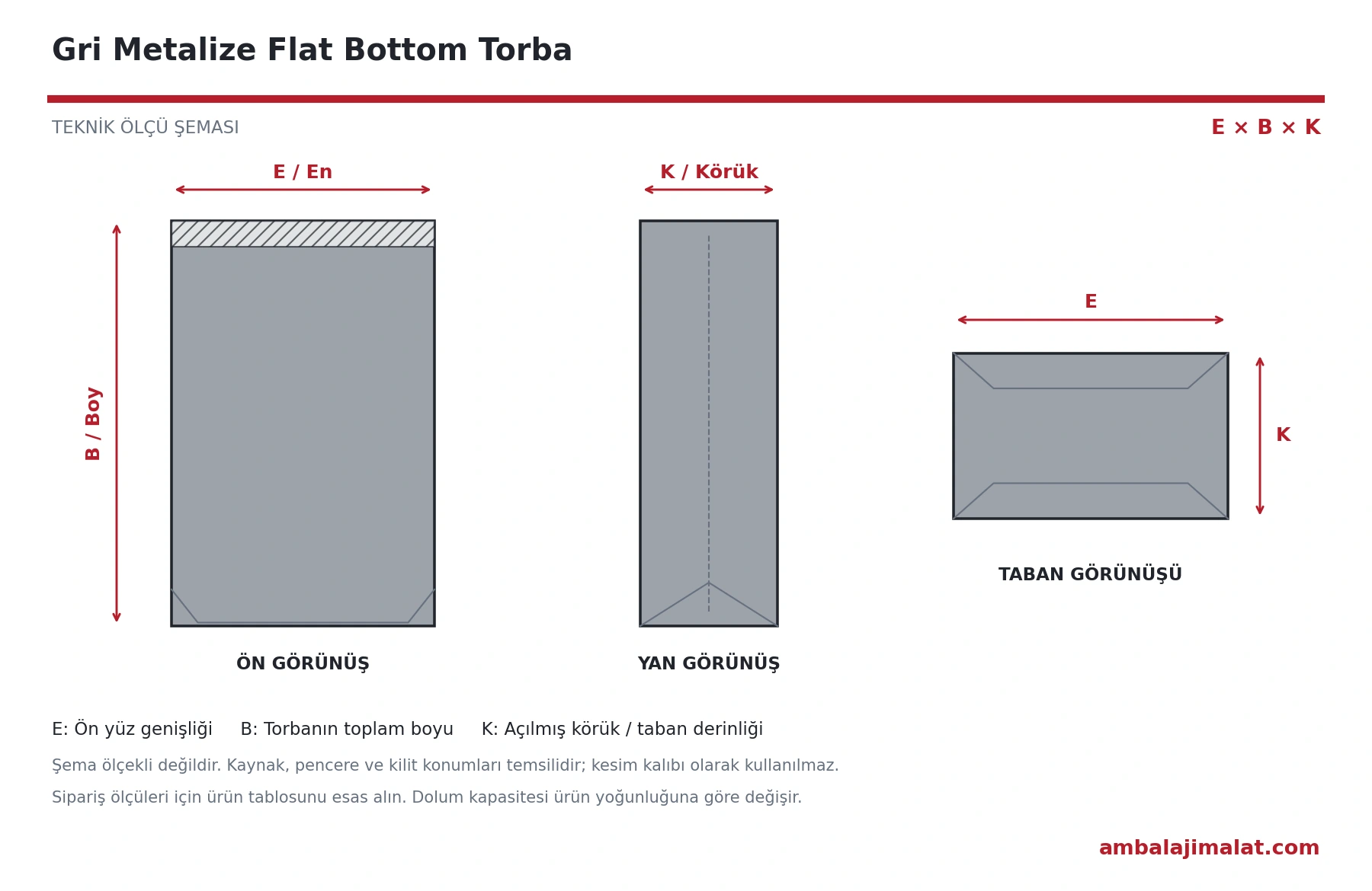 Gri Metalize Flat Bottom Torba en, boy ve körük ölçülerini gösteren teknik çizim