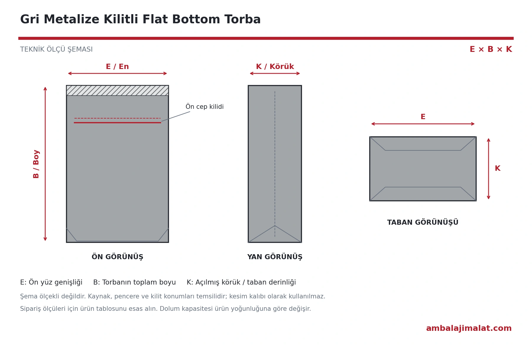 Gri Metalize Kilitli Flat Bottom Torba en, boy ve körük ölçülerini gösteren teknik çizim