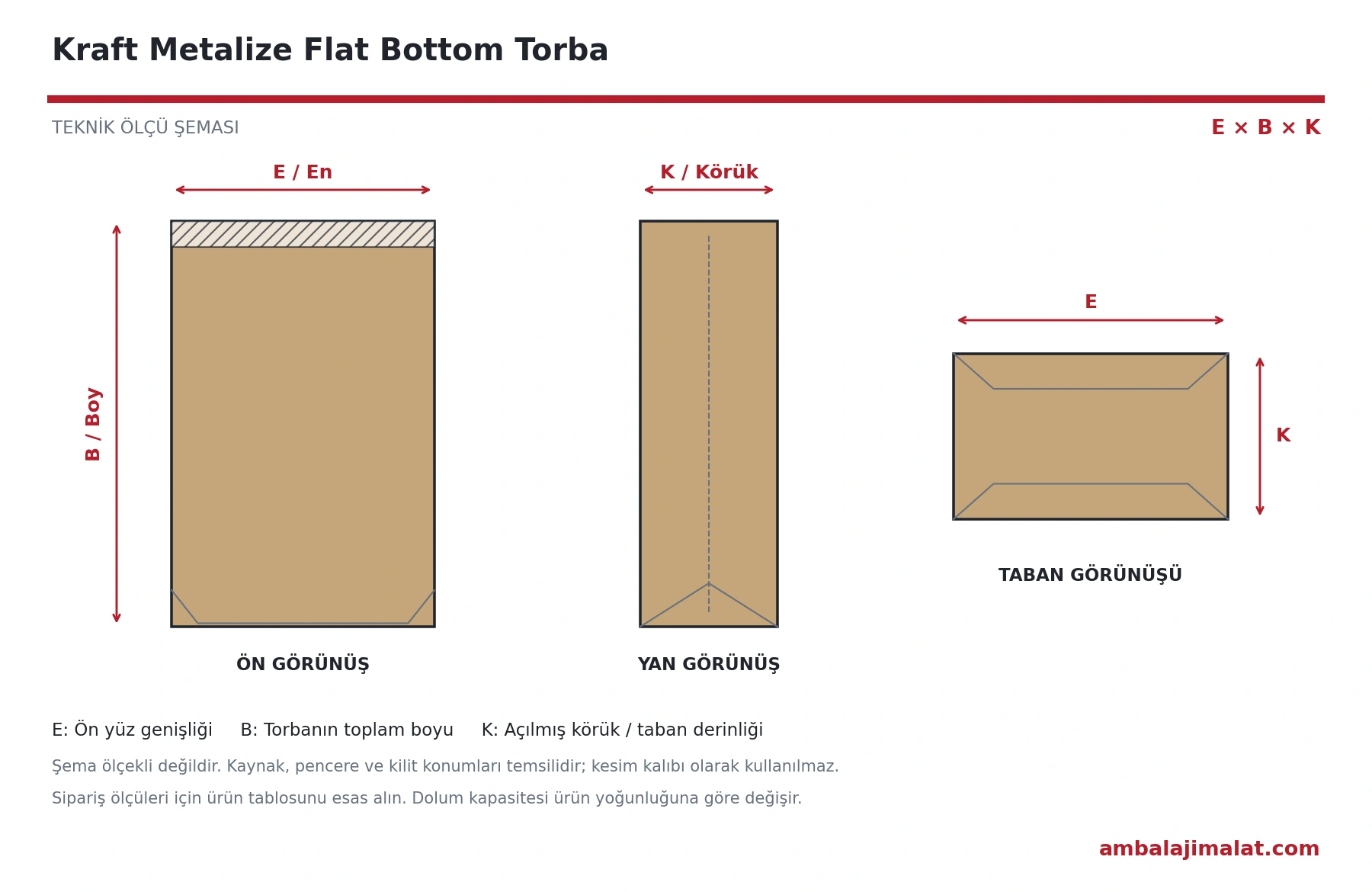 Kraft Metalize Flat Bottom Torba en, boy ve körük ölçülerini gösteren teknik çizim