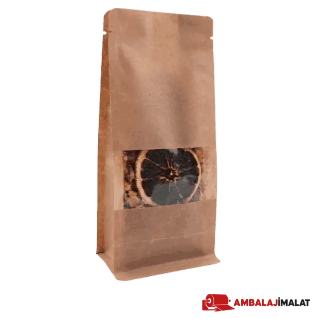 Ürünle doldurulmuş pencereli kraft flat bottom torba