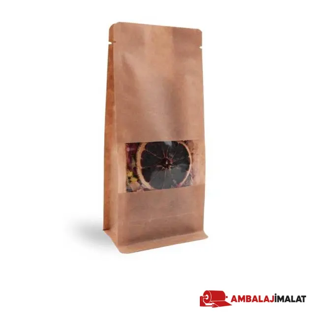 Kraft Pencereli Flat Bottom Torba — önden açılı görünüm