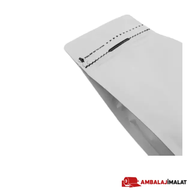 Mat Beyaz Metalize Kilitli Flat Bottom Torba — kilit ve ağız detayı