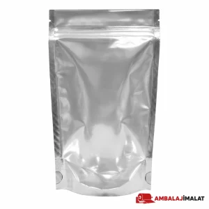 Boş metalize doypack torbanın şeffaf ön yüzü ve gümüş arka yüzeyi