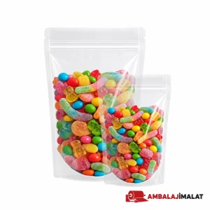 Şekerleme doldurulmuş iki farklı boy şeffaf kilitli doypack torba