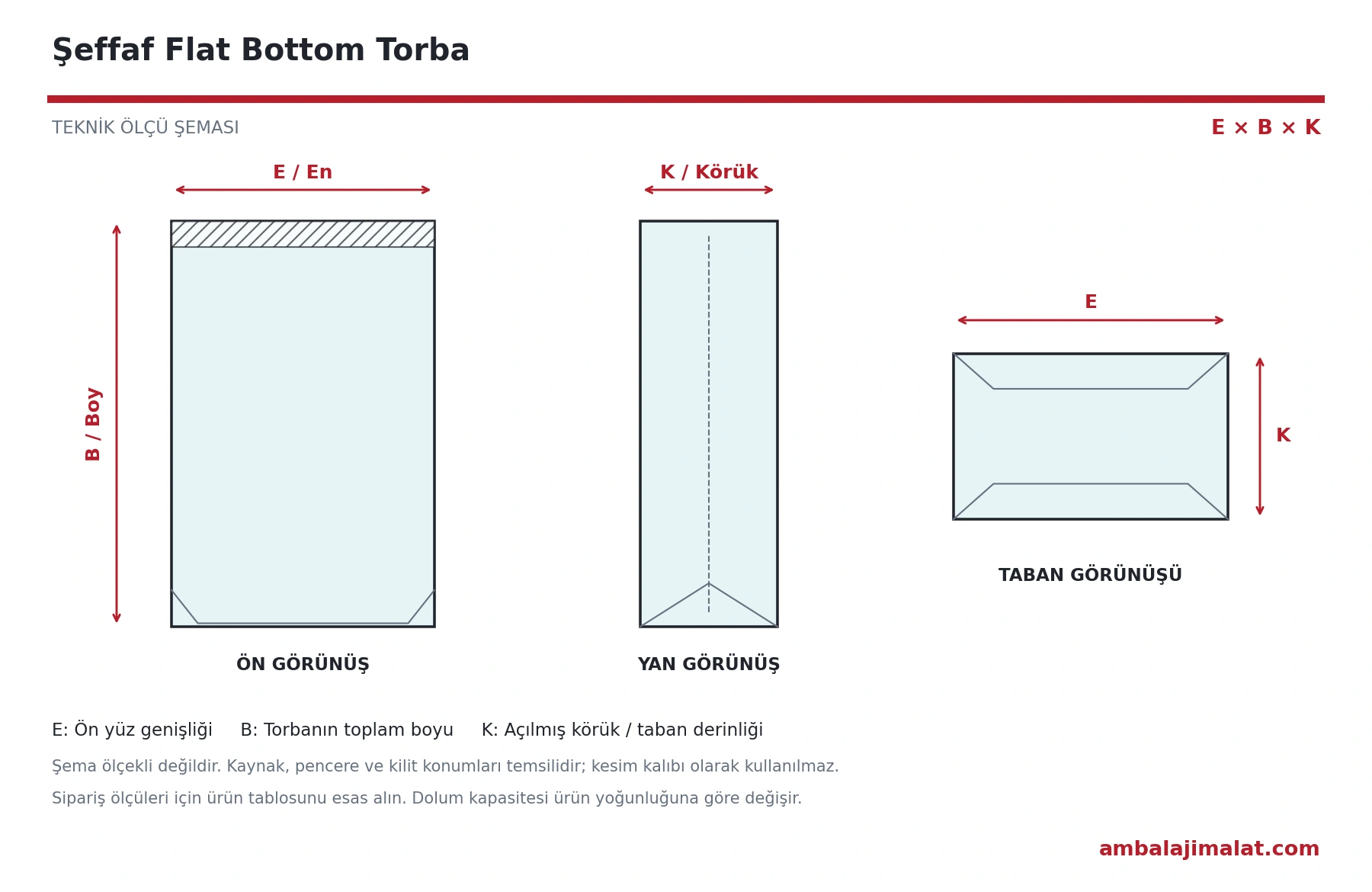 Şeffaf Flat Bottom Torba en, boy ve körük ölçülerini gösteren teknik çizim