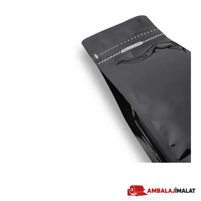 Siyah Metalize Kilitli Flat Bottom Torba — kilit ve ağız detayı