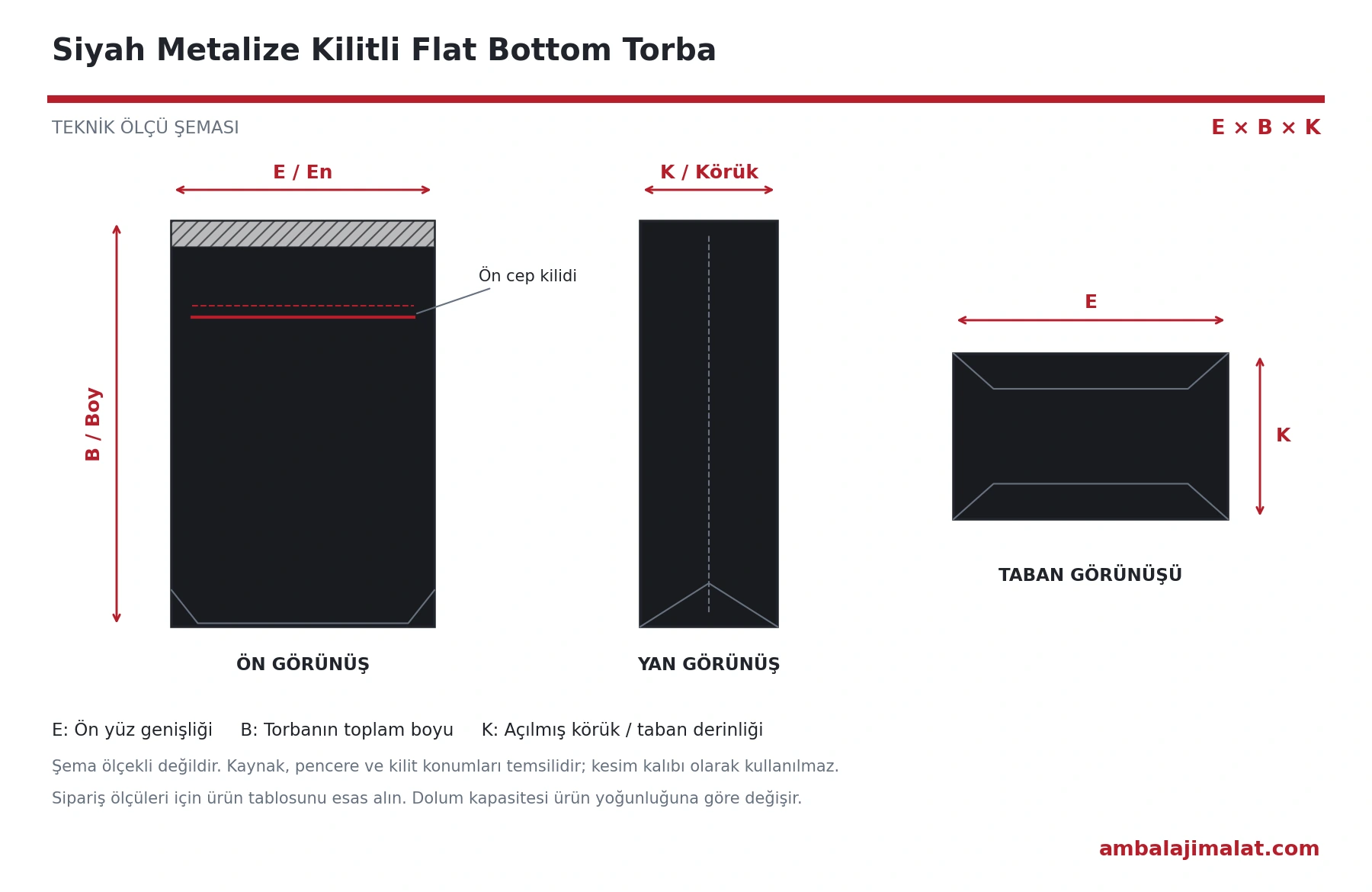 Siyah Metalize Kilitli Flat Bottom Torba en, boy ve körük ölçülerini gösteren teknik çizim